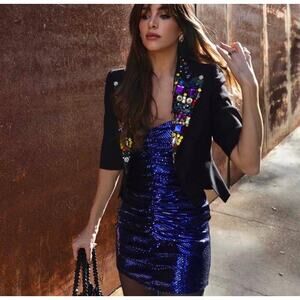 ZARA BLOGGER FAVORITE SPARKLY DRAPED DRESS INK BLUE